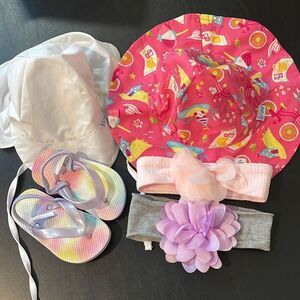 Toddler Girl Beach Bundle. Sandals 4/5.‎ 2 Play beach hats. 2 headbands.